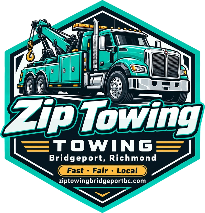 Zip Towing Bridgeport BC badge with a teal tow truck